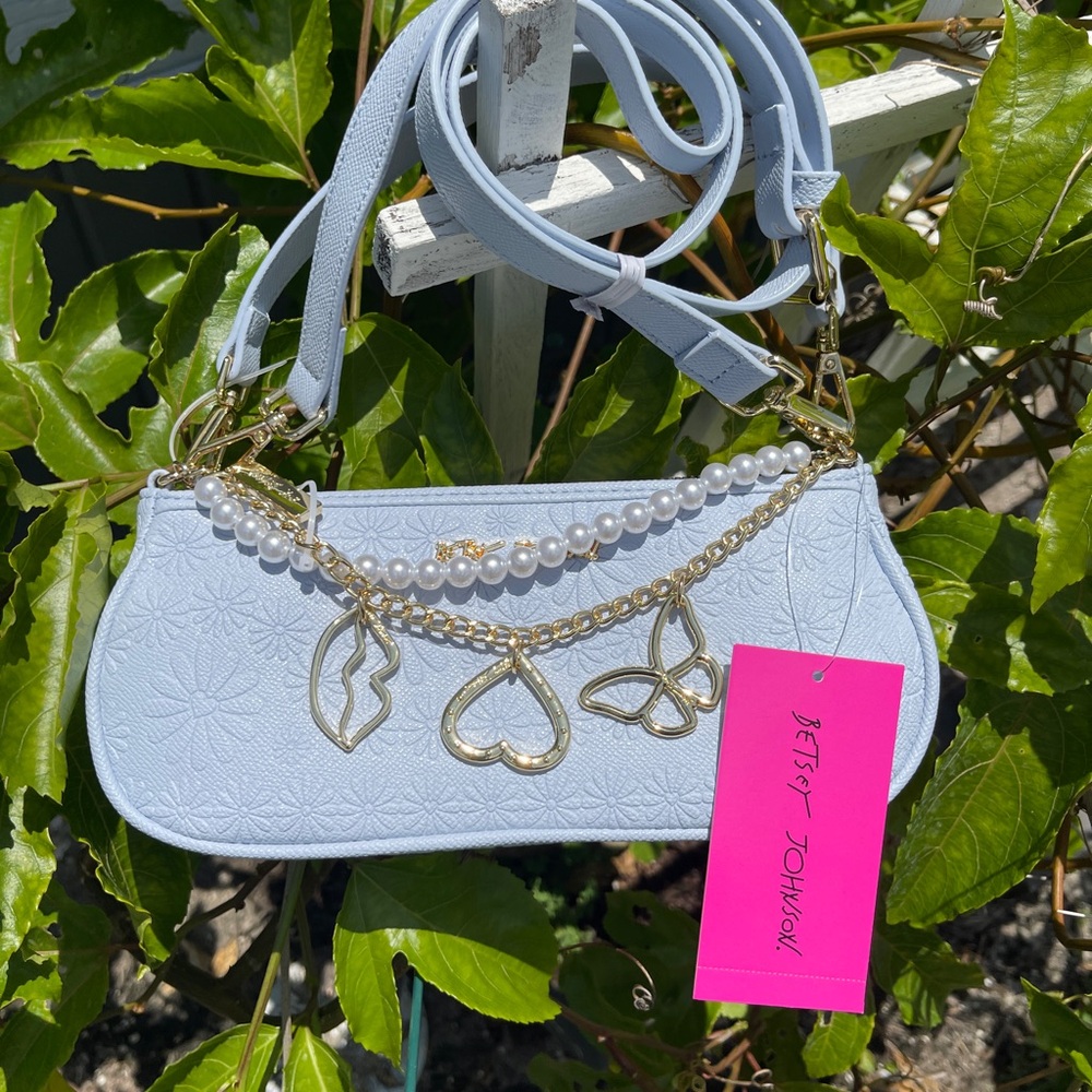 Betsey Johnson Blue Shoulder Bag with Gold Chain and Heart Designs